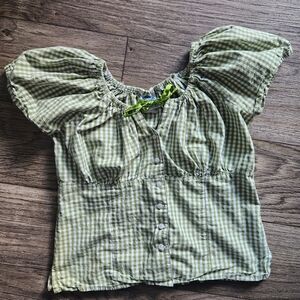 Vintage Hammerschmid Green White Gingham Puff Short Sleeved Blouse Top